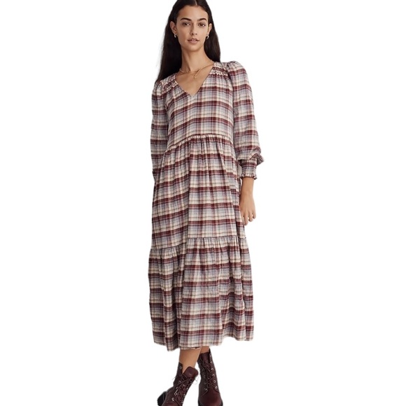 NWT Madewell Plaid Tiered Puff Sleeve Midi Dress in Dusk Peri Plaid - XXS XS - Picture 1 of 16